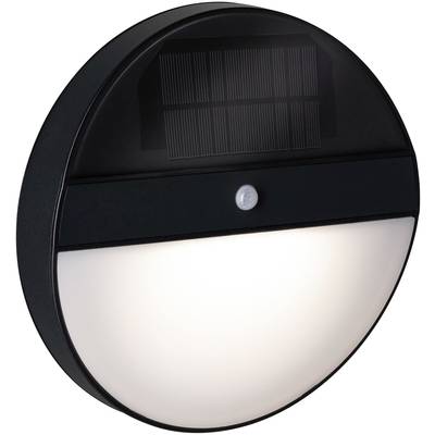 Guľatá solárna nástenná lampa s integrovaným pohybovým senzorom a solárnym panelom na vrchu. Ideálna pre vonkajšie osvetlenie.
