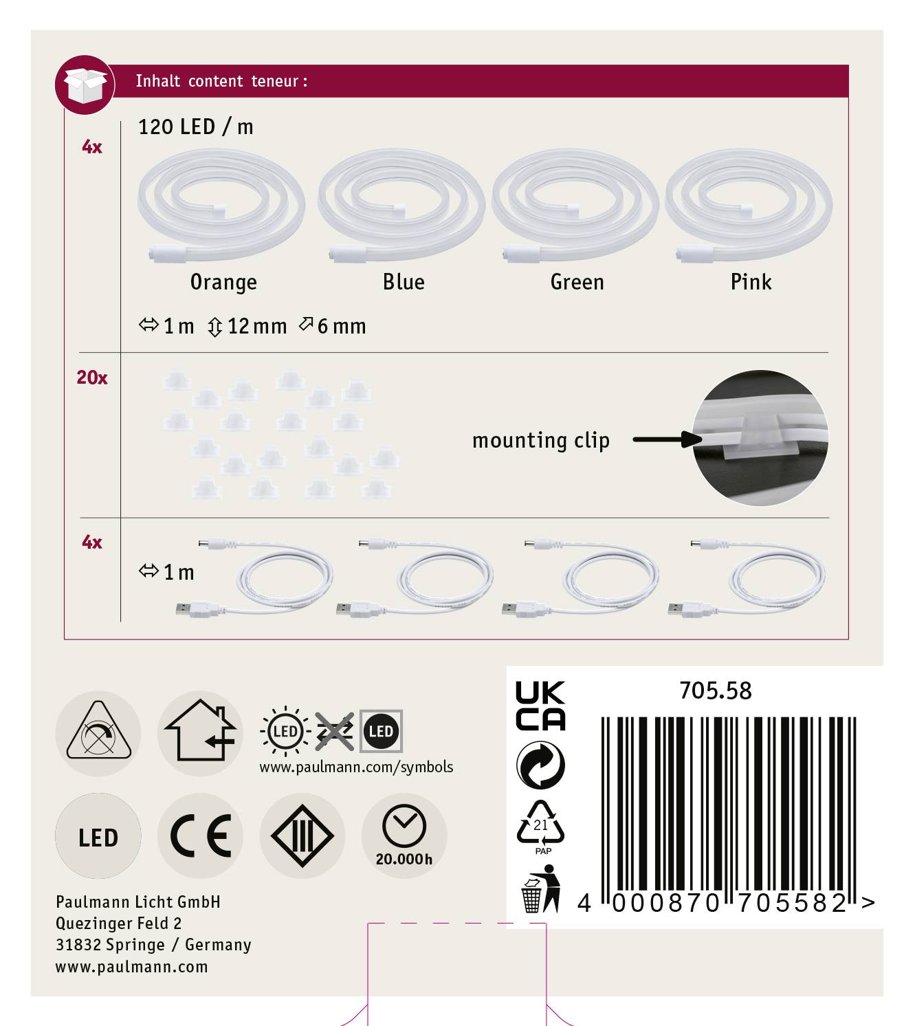 'Obsah balenia: 4x LED pásiky (oranžová, modrá, zelená, ružová), 20x 6mm montážnych klipsov, 4x 1m pripájacie káble. Kód produktu: 705.58.'