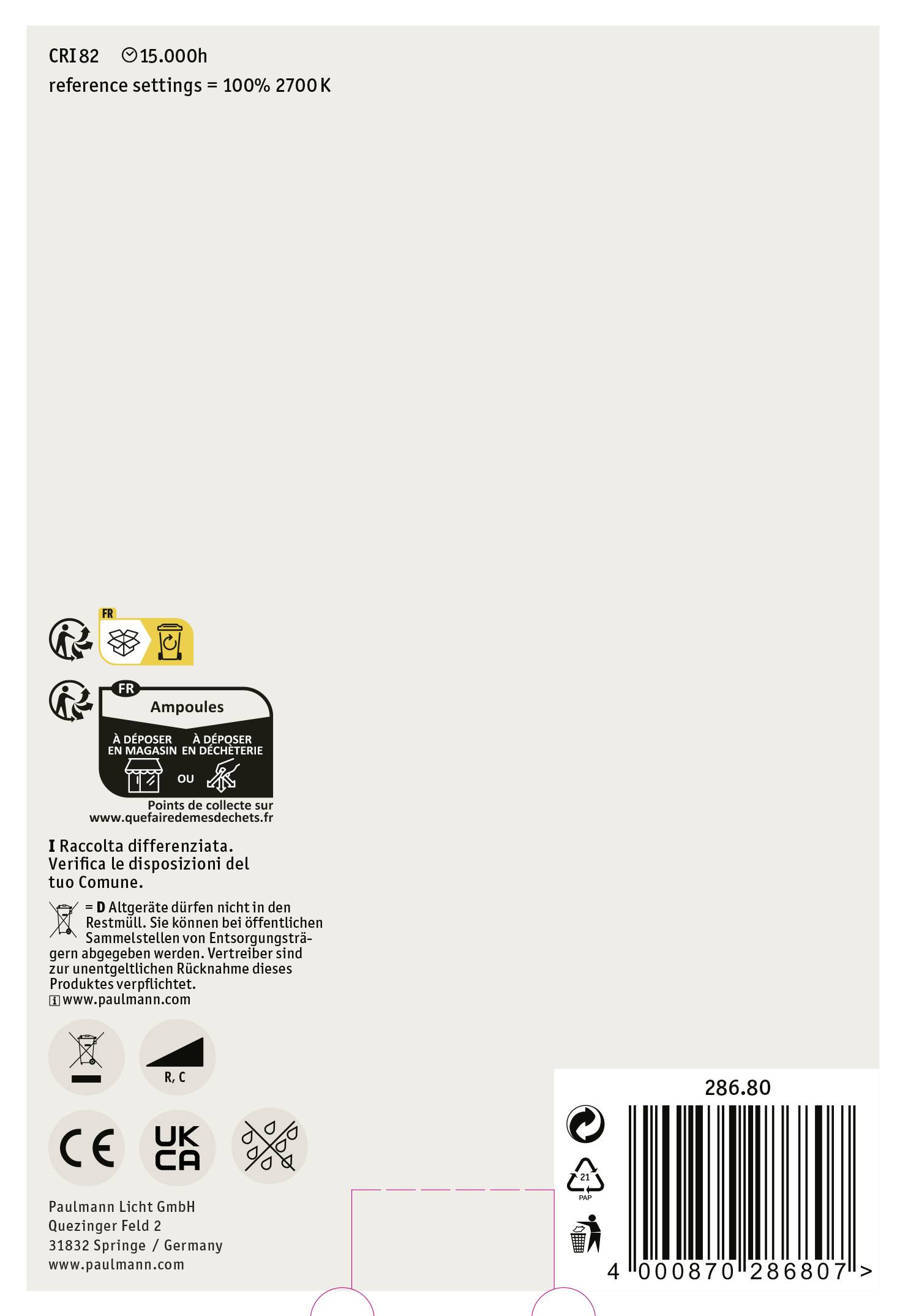 Zadná strana obalu žiarovky so symbolmi energetickej efektívnosti, pokynmi na likvidáciu a informáciami o výrobcovi spoločnosti Paulmann Licht GmbH.