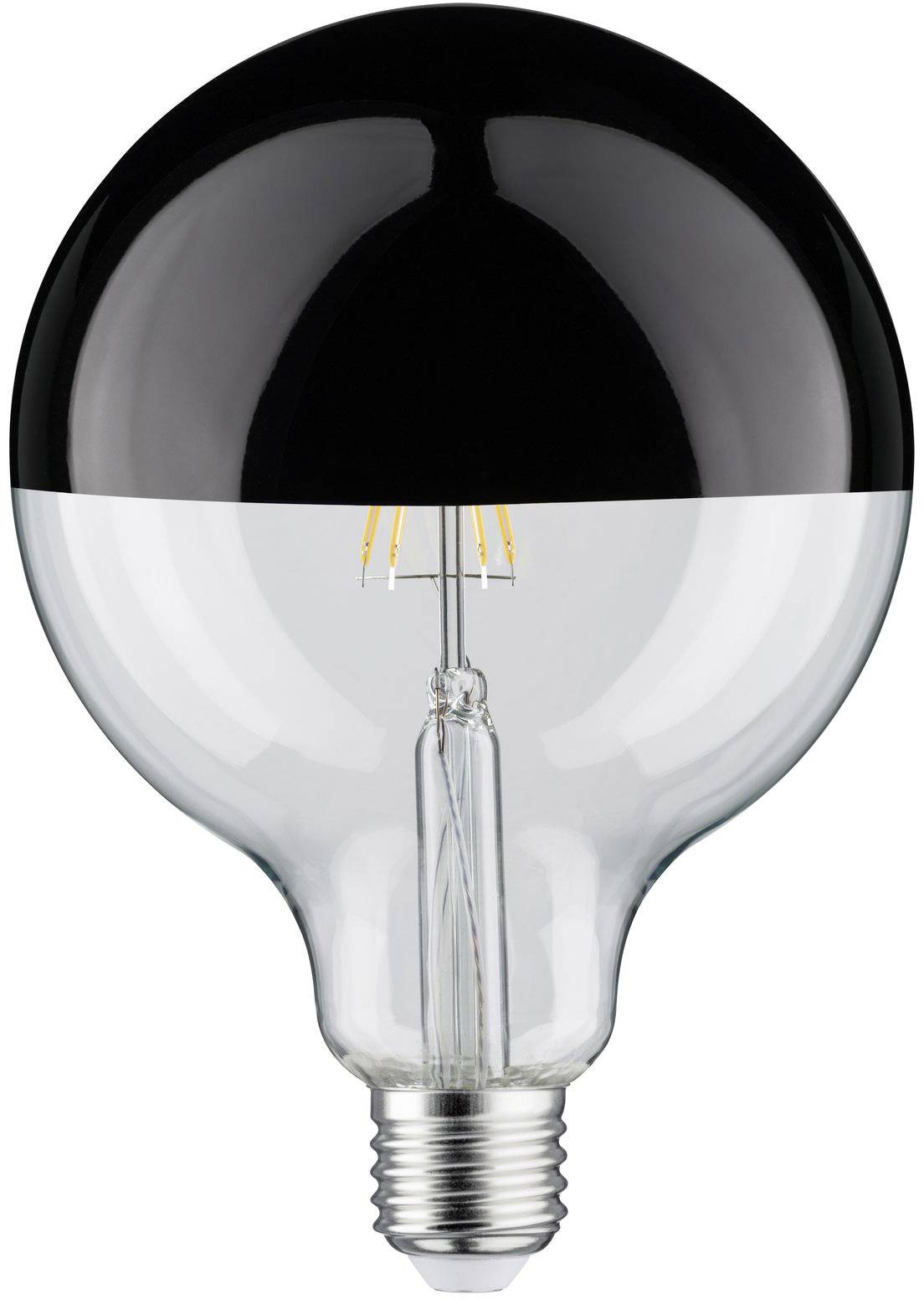 Žiarovka s čiernou lakovanou hornou časťou a priesvitnou spodnou časťou, ktorá odhaľuje žeraviaci vlákno.