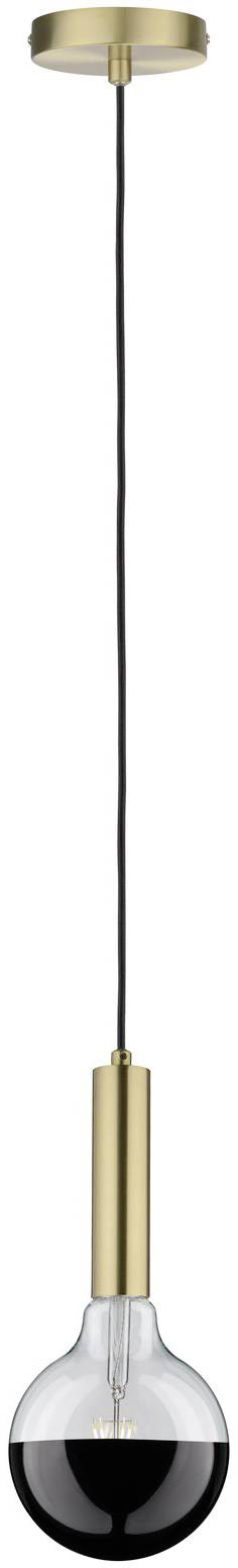 Závesná lampa s čiernym káblom, mosadznou objímkou a veľkou, priehľadnou žiarovkou.