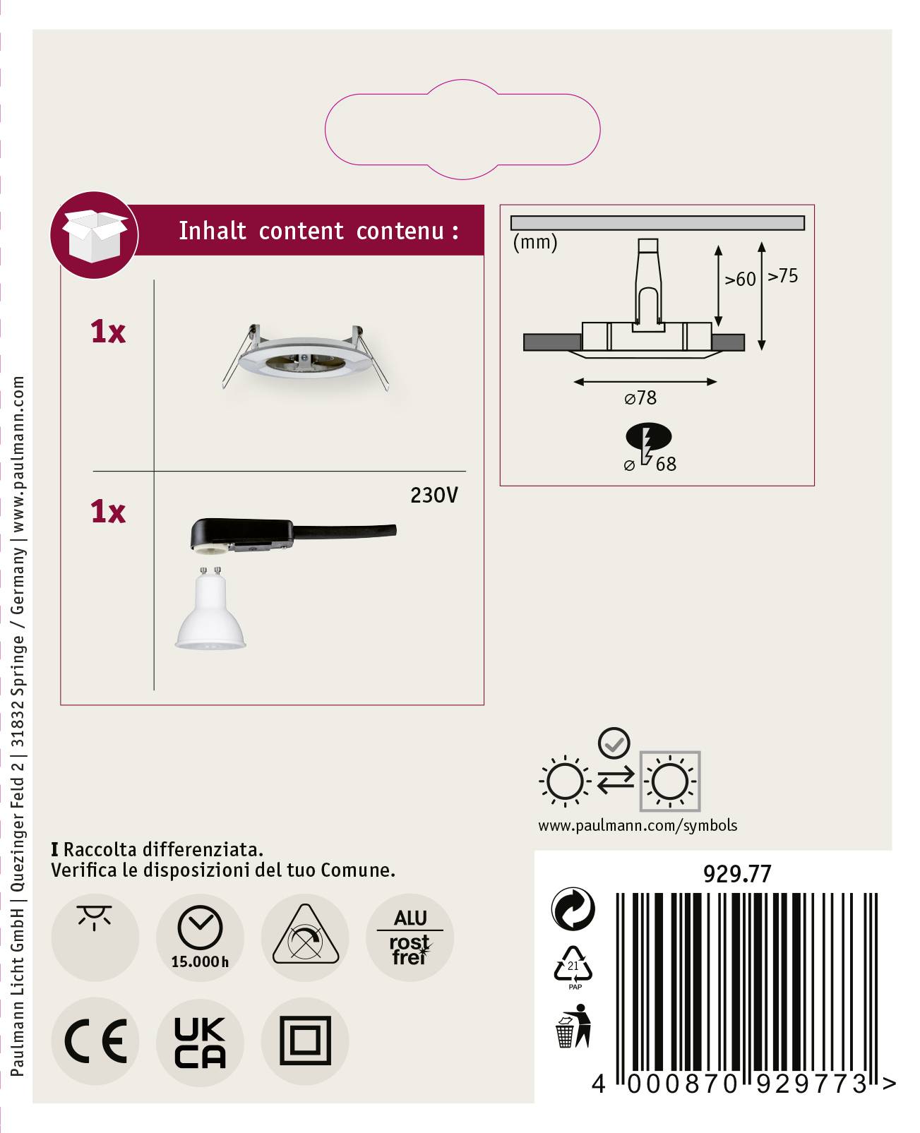 'Obsah': 1x Vstavaná lampa, 230V, Rozmery: priemer 78 mm, výrez 68 mm. Obsahuje symboly energie a certifikácií.