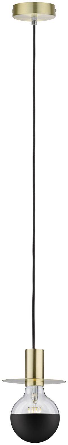 Minimalistické závesné svietidlo s čiernym káblovým závesom a lampou v mosadznej farbe, vhodné pre jednu žiarovku.
