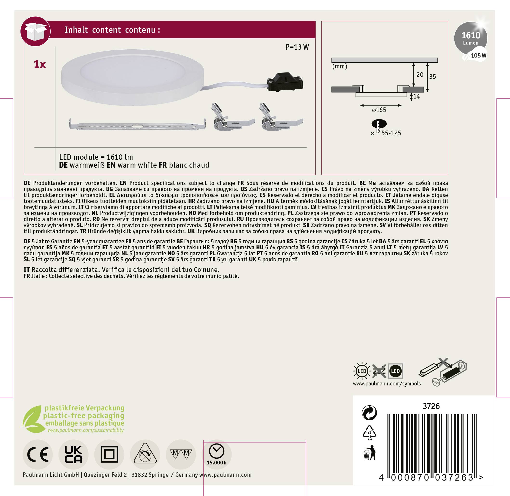 Zadná strana obalu LED modulu. Hore: Obrázok produktu a technické detaily, ako sú rozmery a výkon. Dole: Popis produktu a pokyny na použitie vo viacerých jazykoch.