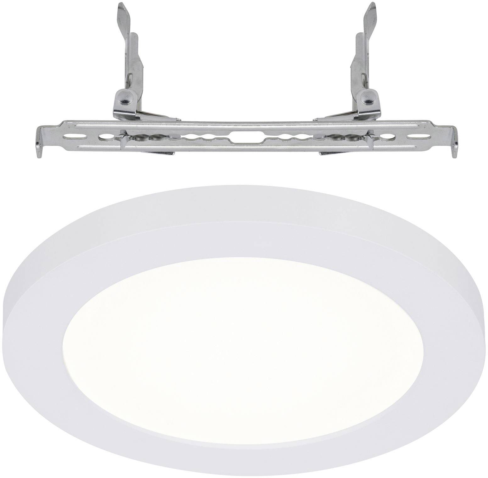 Okrúhle biele LED podhľadové svietidlo so súčasťou na uchytenie, vhodné na montáž na strop. Energeticky úsporný, jednoduchý dizajn do interiéru.