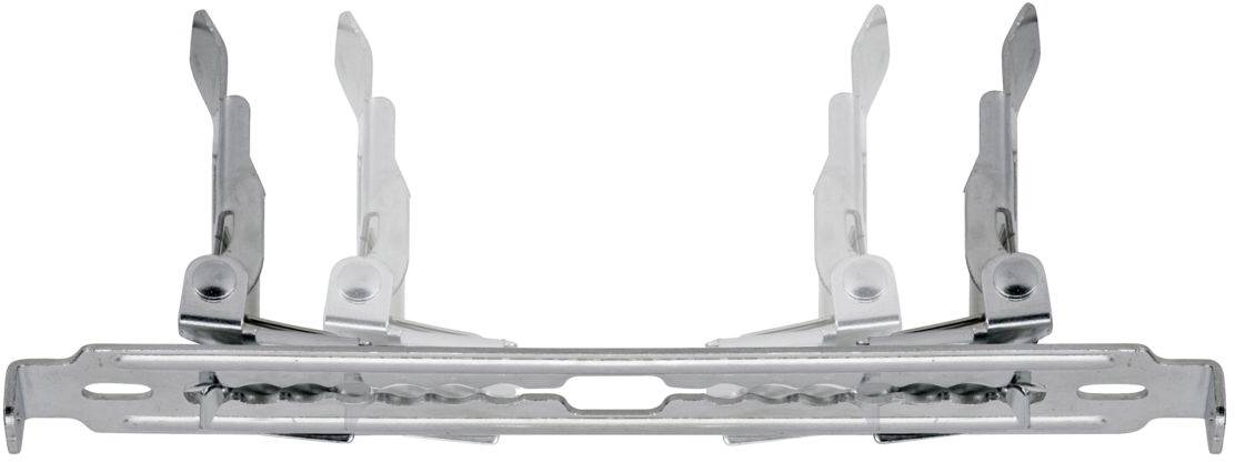 Kovová upevňovacia súčiastka s viacerými pohyblivými časťami, pravdepodobne určená na montáž nábytku alebo kotvenie.