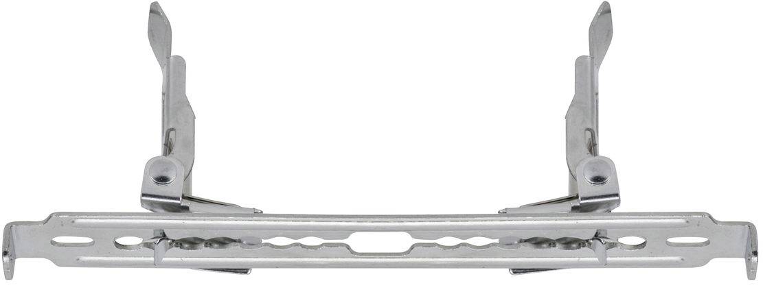 Kovový upevňovací prvok s viacerými otvormi a pohyblivými časťami, pravdepodobne vhodný na montáž zariadení alebo súčastí nábytku.