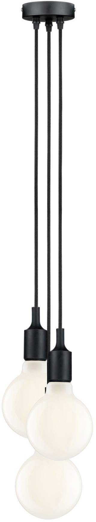 Tri zavesené žiarovky na čiernych kábloch, štýlovo a moderne usporiadané, vyžarujú teplé svetlo.