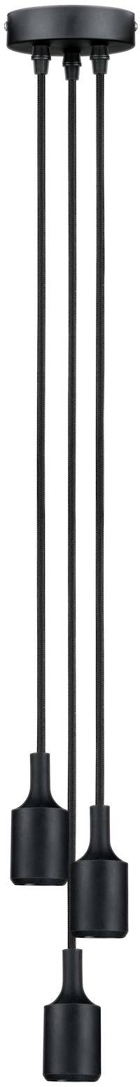 Závesná lampa s tromi čiernymi zavesovými svietidlami, ktoré visia z montážnej konzoly na strope. Minimalistický dizajn.