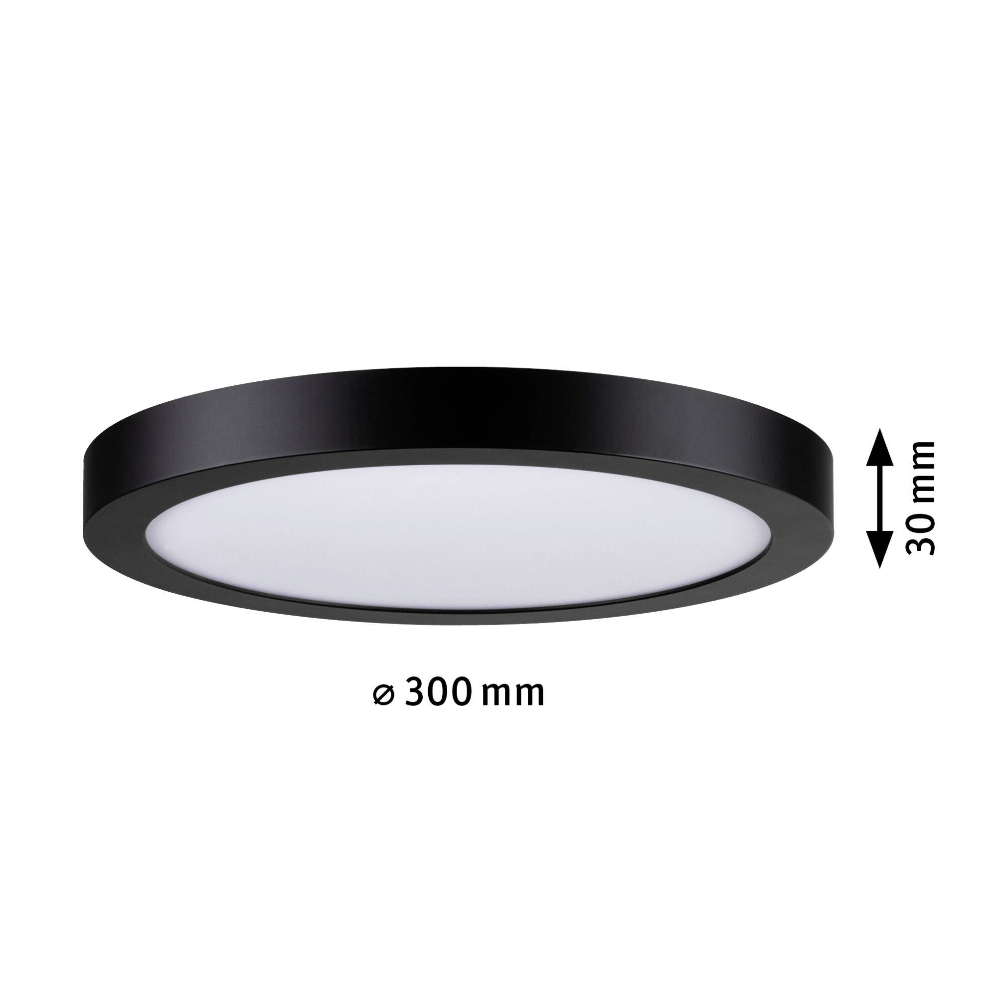 Čierne, okrúhle stropné svietidlo s priemerom 300 mm a výškou 30 mm.