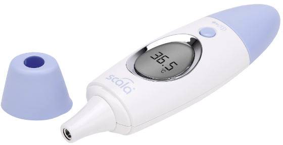 Digitálny ušný teplomer s údajom 36,5°C; modrý kryt bol sňatý.