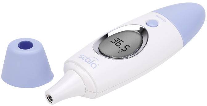 Digitálny ušný teplomer so snímateľným ochranným krytom; na digitálnom displeji zobrazuje 36,5 stupňov Celzia.