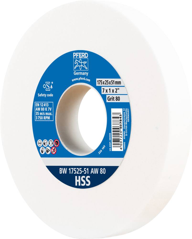 Biela brúsna kotúč s modrým štítkom, na ktorom sú špecifikácie '175x25x51 mm' a 'Zrnitosť 80'.