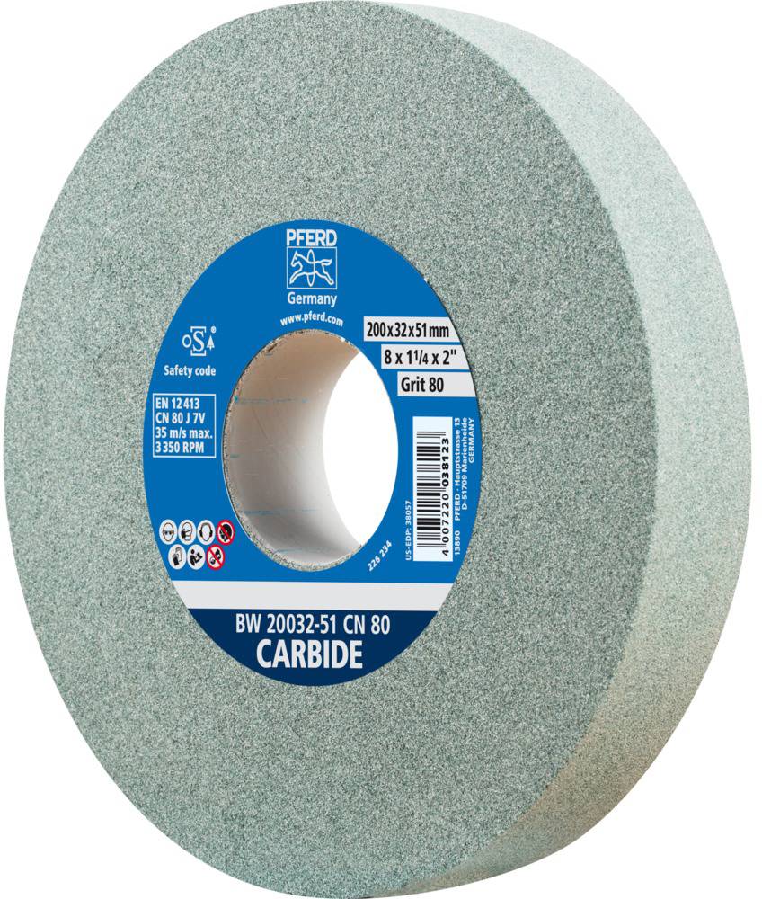 Brúsny kotúč z karbidu, modrý, 200x32x51 mm, zrnitosť 80. Etiketa zobrazuje špecifikácie produktu a bezpečnostný kód.