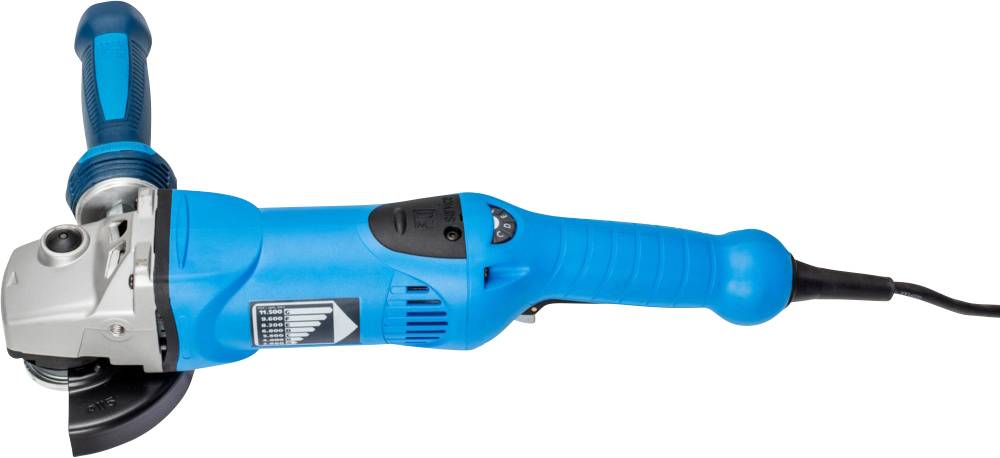 Modrá uhlová brúska s bočnou rukoväťou a napájacím káblom, vhodná na rezanie a brúsenie materiálov.