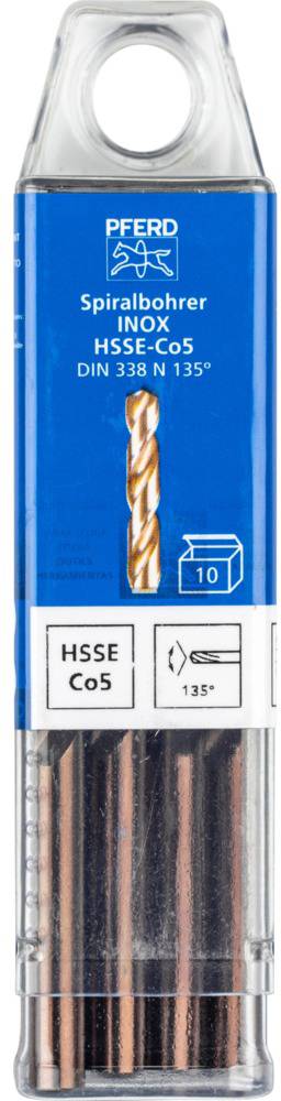 Obrázok zobrazuje balenie špirálových vrtákov od spoločnosti PFERD, model HSS-E Co5, vhodný pre nehrdzavejúcu oceľ (INOX). Balenie obsahuje 10 kusov.