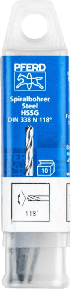 Balenie obsahuje špirálový vrták na oceľ, označený značkou 'PFERD', HSSG DIN 338 N 118°, ktoré zobrazuje obrázok vrtáka a jeho obalu.