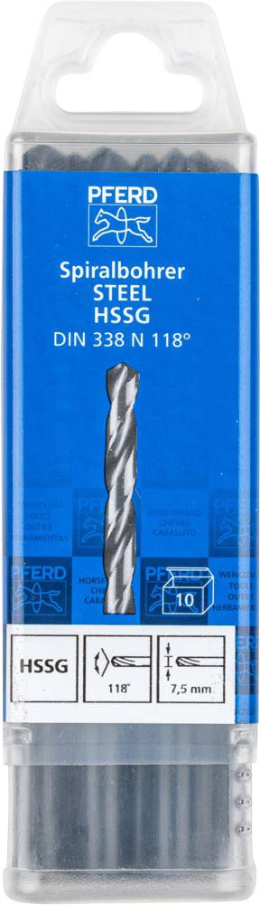Balenie vrtákov z ocele, značka Pferd, DIN 338 N 118°, priemer 7,5 mm, 10 kusov.