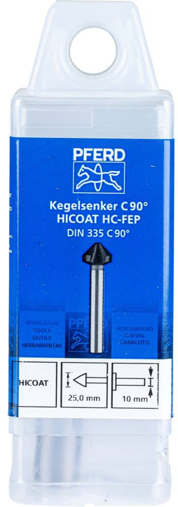 Plastový obal pre zarovnávací záhlbník C90° od spoločnosti 'PFERD', vhodný pre DIN 335 C 90°, s priemermi 25,0 mm a 10 mm.