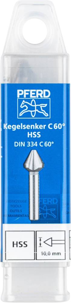 Balenie s kužeľovým záhlbníkom C 60° od firmy PFERD z rýchloreznej ocele (HSS), vhodné pre 10,0 mm otvory, podľa normy DIN 334.