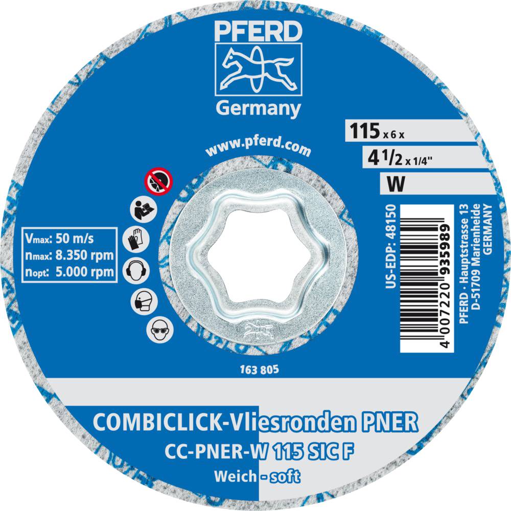Na modrom brúsnom kotúči pre 115 mm stroj je napísané: 'COMBICLICK-Vliesronden PNER, CC-PNER-W 115 SIC F, Weich-soft'