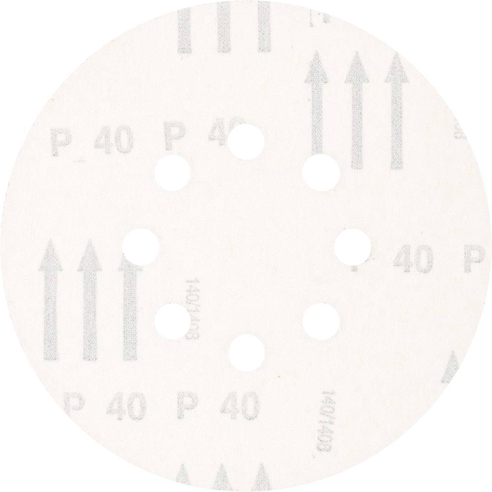 Okrúhly brúsny papier so šiestimi otvormi s nápisom 'P 40'. Šípky smerujú jedným smerom na bielom pozadí.