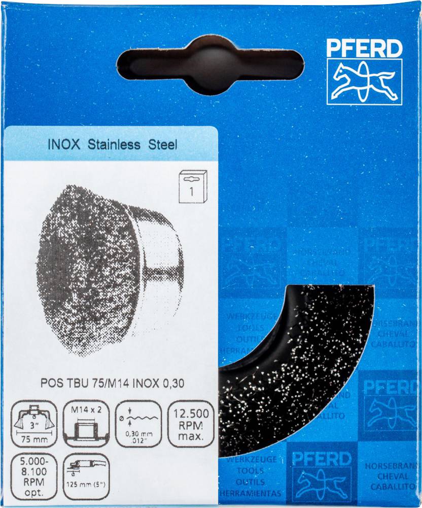 Obal hlavy kefy 'PFERD INOX Nehrdzavejúca oceľ'. Zobrazuje technické detaily: Veľkosť 3", maximálne otáčky 12.500 ot./min., POS TBU 75/M14 INOX 0,30.