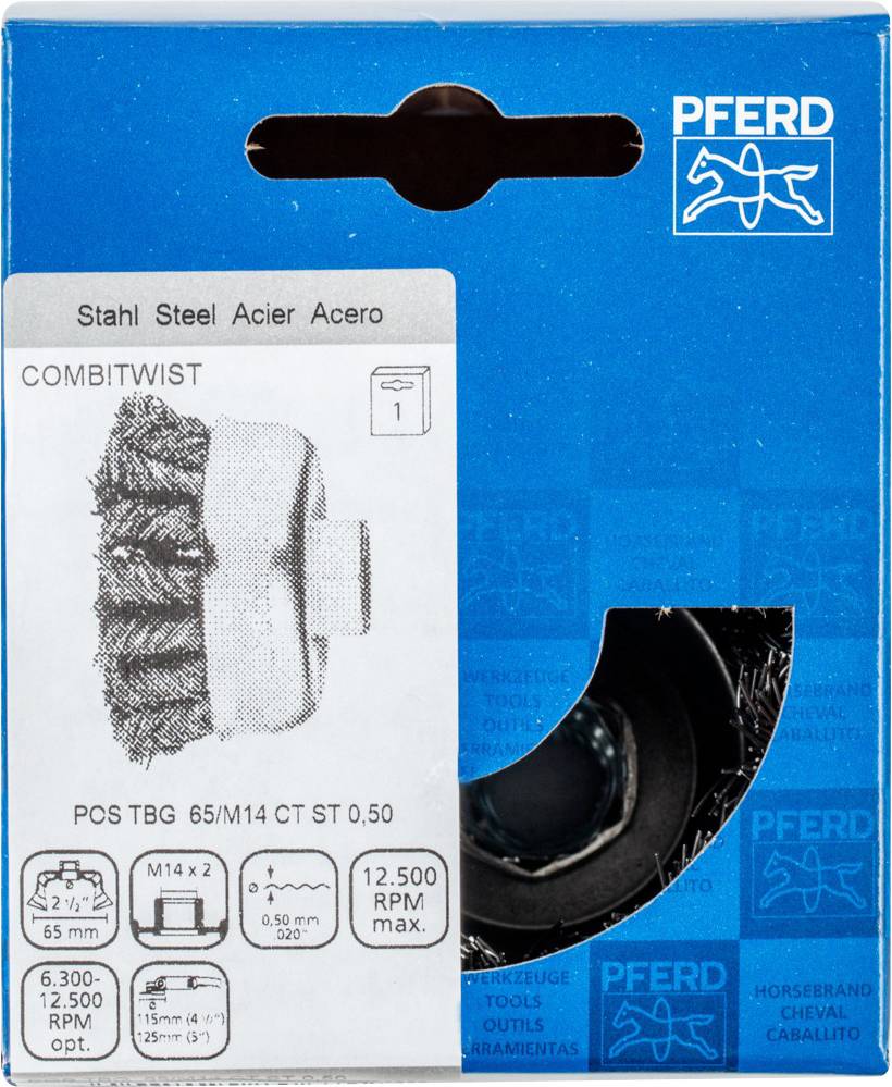 Balenie kefy PFERD CombTwist z ocele s vyznačením priemeru a otáčok. Obsahuje náčrt a technické detaily rozmerov.