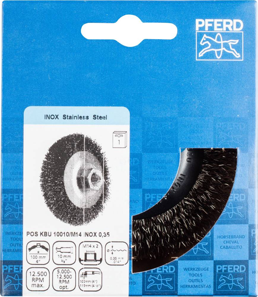 Obal drôtenej kefy 'PFERD INOX Nehrdzavejúca oceľ'. Zobrazuje pologuľatú drôtenú kefu, vhodnú pre otáčky až do 12 500 ot./min.