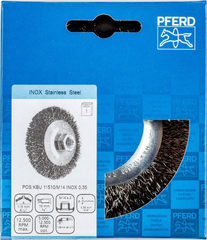 Kartónový obal pre nadstavec na kefu PFERD. Zobrazuje technické detaily: Typ INOX Nerezová oceľ, max. 12 500 ot./min, závit M14.