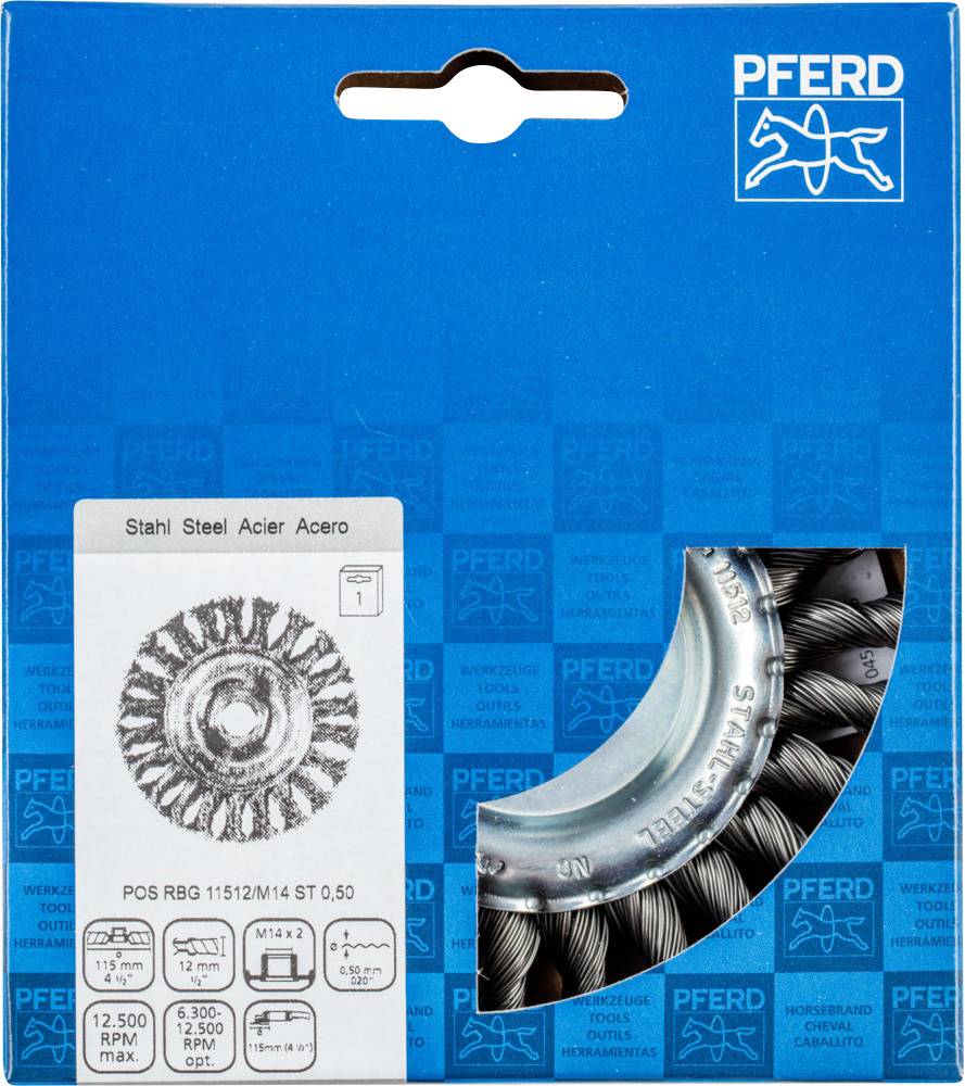 Drôtená kefa 'PFERD' v modrej kartónovej krabici s logom koňa. Popis: 'Oceľ, Steel, Acier, Acero'. Ilustrácia znázorňuje drôtenú kefu.