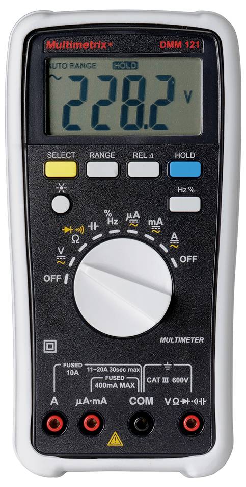 Digitálny multimeter ukazuje '228,2 V'. Tlačidlá na nastavenie rozsahu, funkcie a merania.