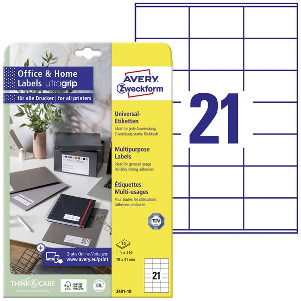 Avery-Zweckform 3481-10  70 x 41 mm papier  biela 210 ks trvalé univerzálne etikety