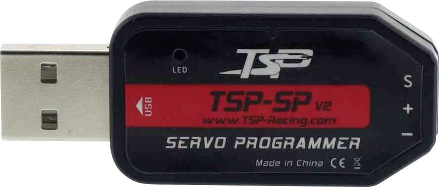USB zariadenie označené štítkami 'TSP-SP V2' a 'SERVO PROGRAMMER', ktoré má USB port a dve LED indikátory, je vyrobené v Číne.