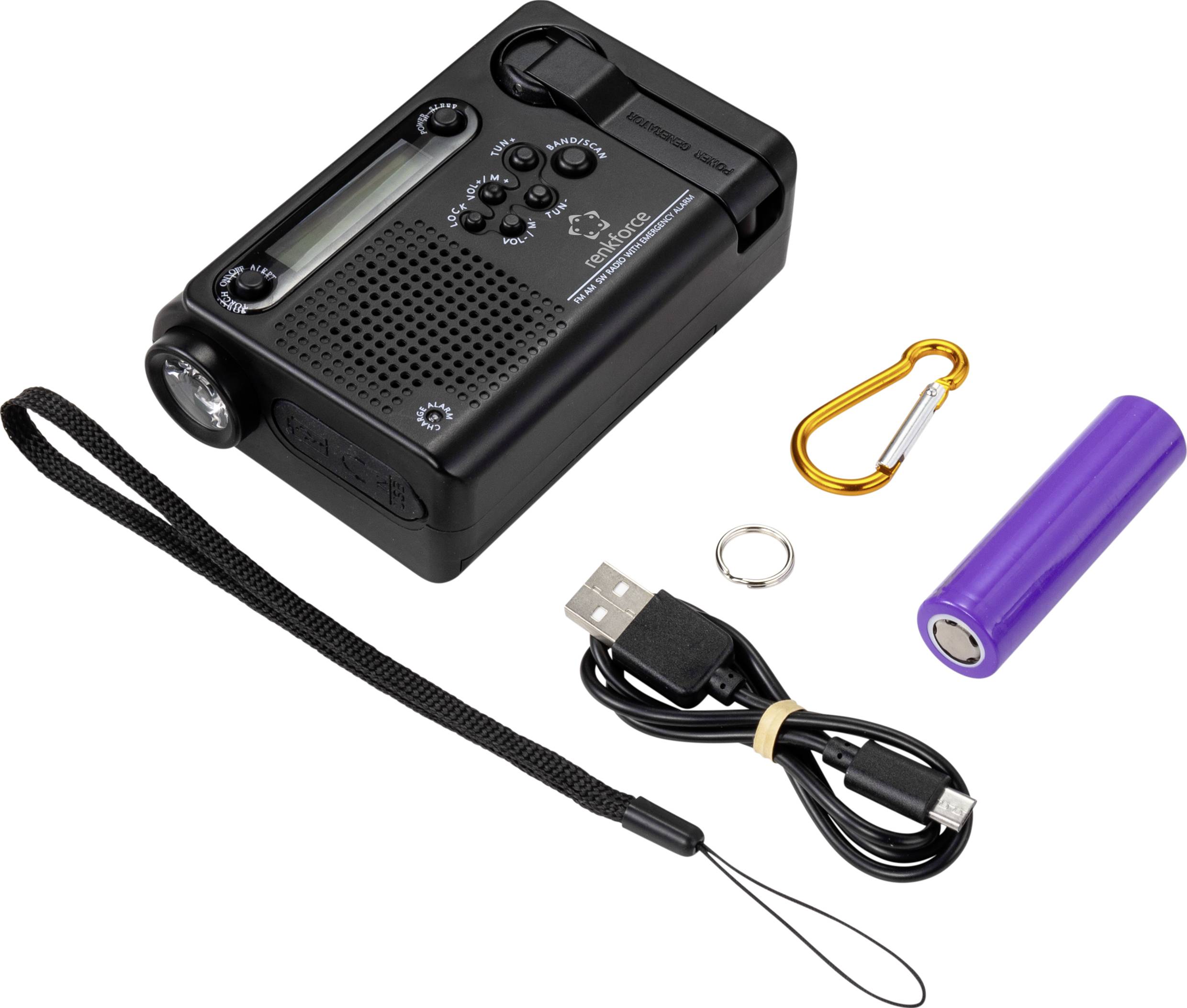 Prenosné núdzové rádio s ručným ovládaním, solárnym článkom, baterkou a USB vstupom. Obsahuje karabínu, USB kábel, akumulátor a popruh na prenášanie.
