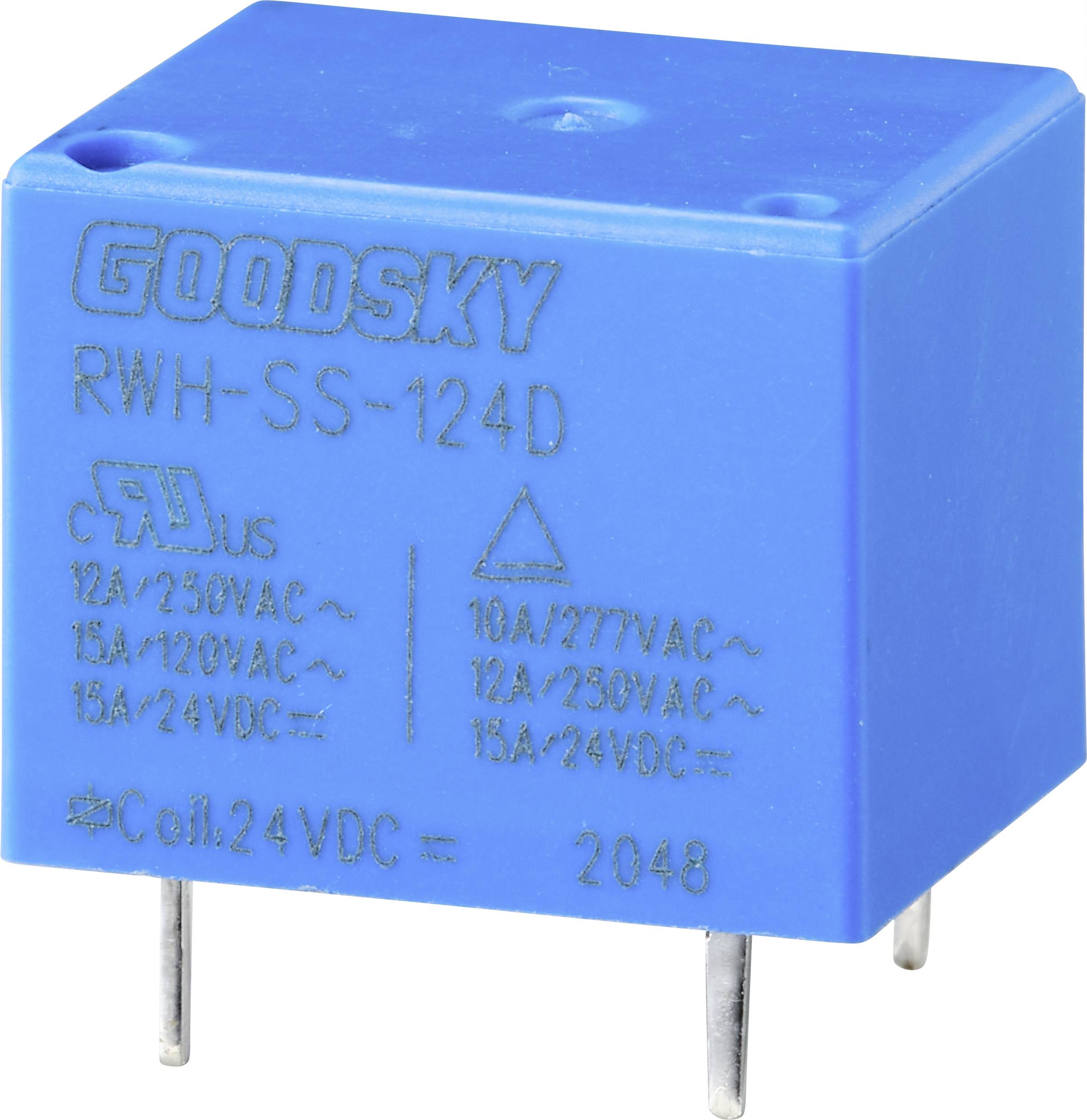 Modrý elektromechanický relé komponent s označením 'GOODSKY RWH-SS-124D', ktorý zobrazuje rôzne napäťové a prúdové hodnoty.