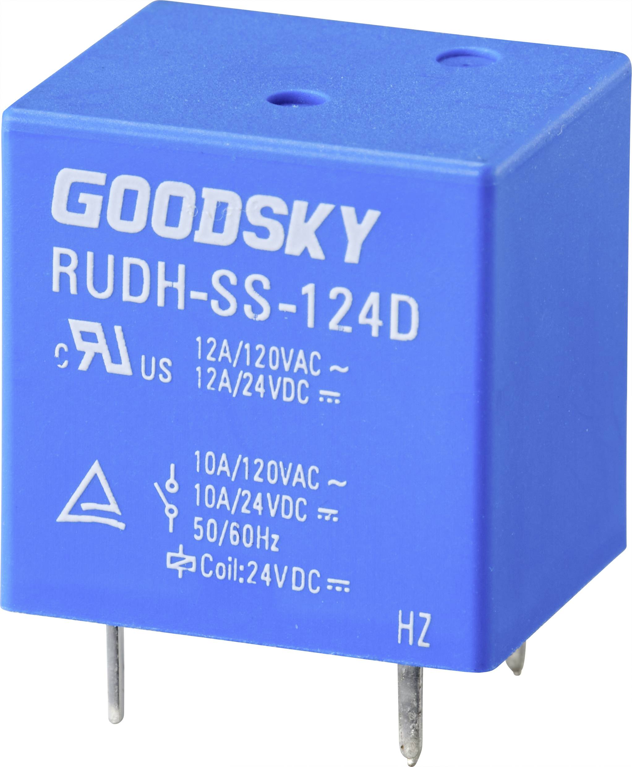 Modré relé 'GOODSKY RUDH-SS-124D', 12A/120VAC, 12A/24VDC, 50/60Hz, Cievka: 24VDC, s viacerými symbolmi a technickými špecifikáciami.