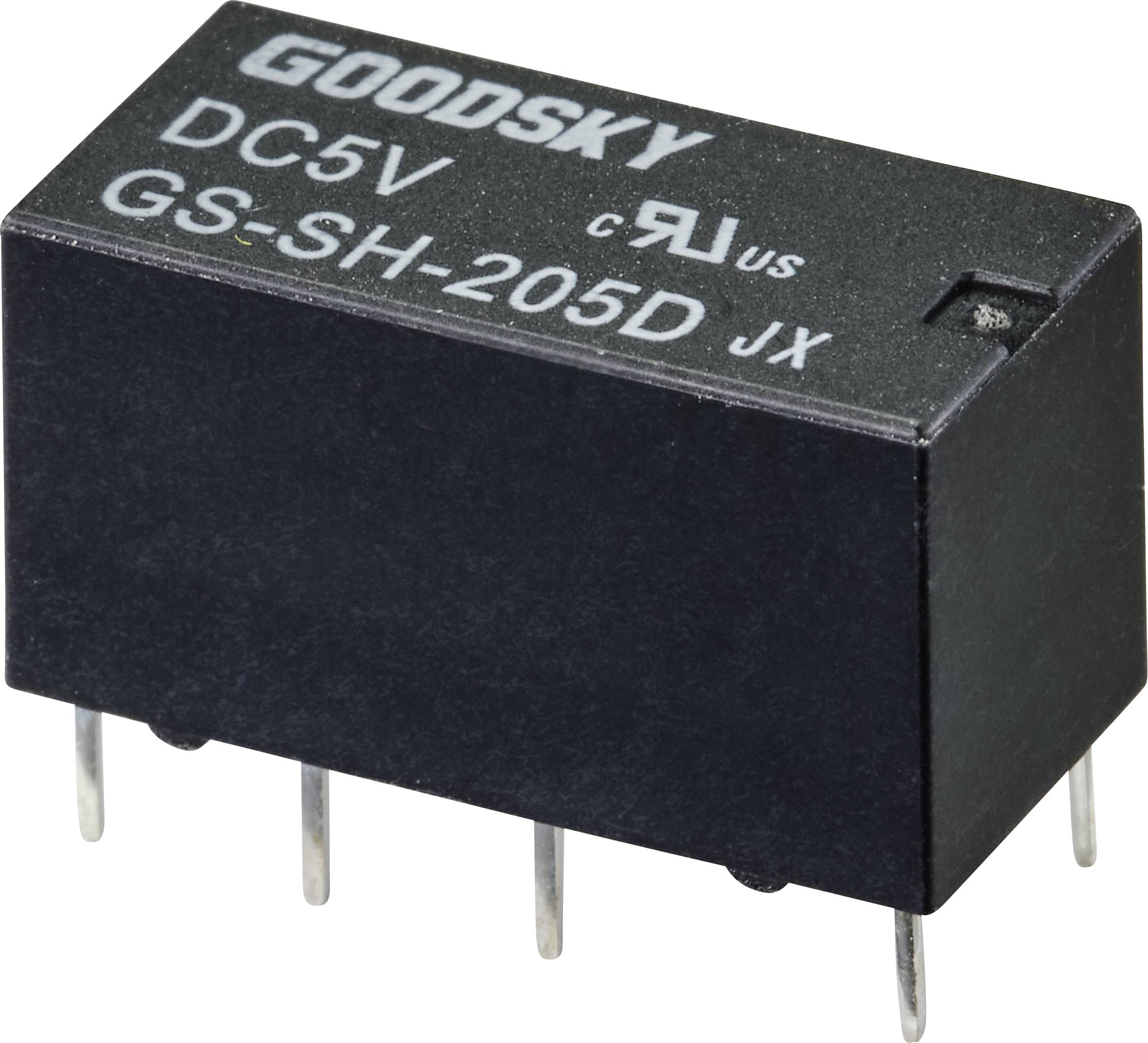 Malé čierne relé od Goodsky s nápisom 'DC5V GS-SH-205D JX', zobrazujúce elektrické špecifikácie.
