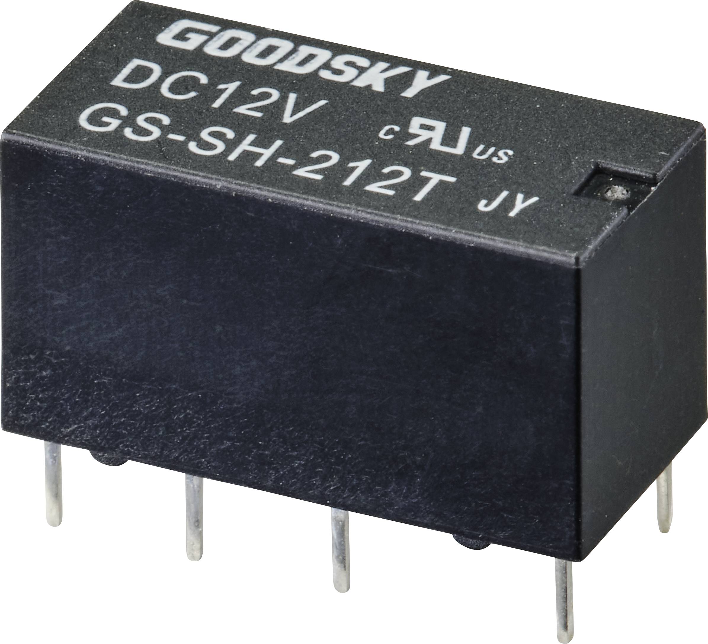 Čierne relé s nápisom 'GOODSKY DC12V GS-SH-212T JY'. Má niekoľko kovových pinov na elektronické použitie.