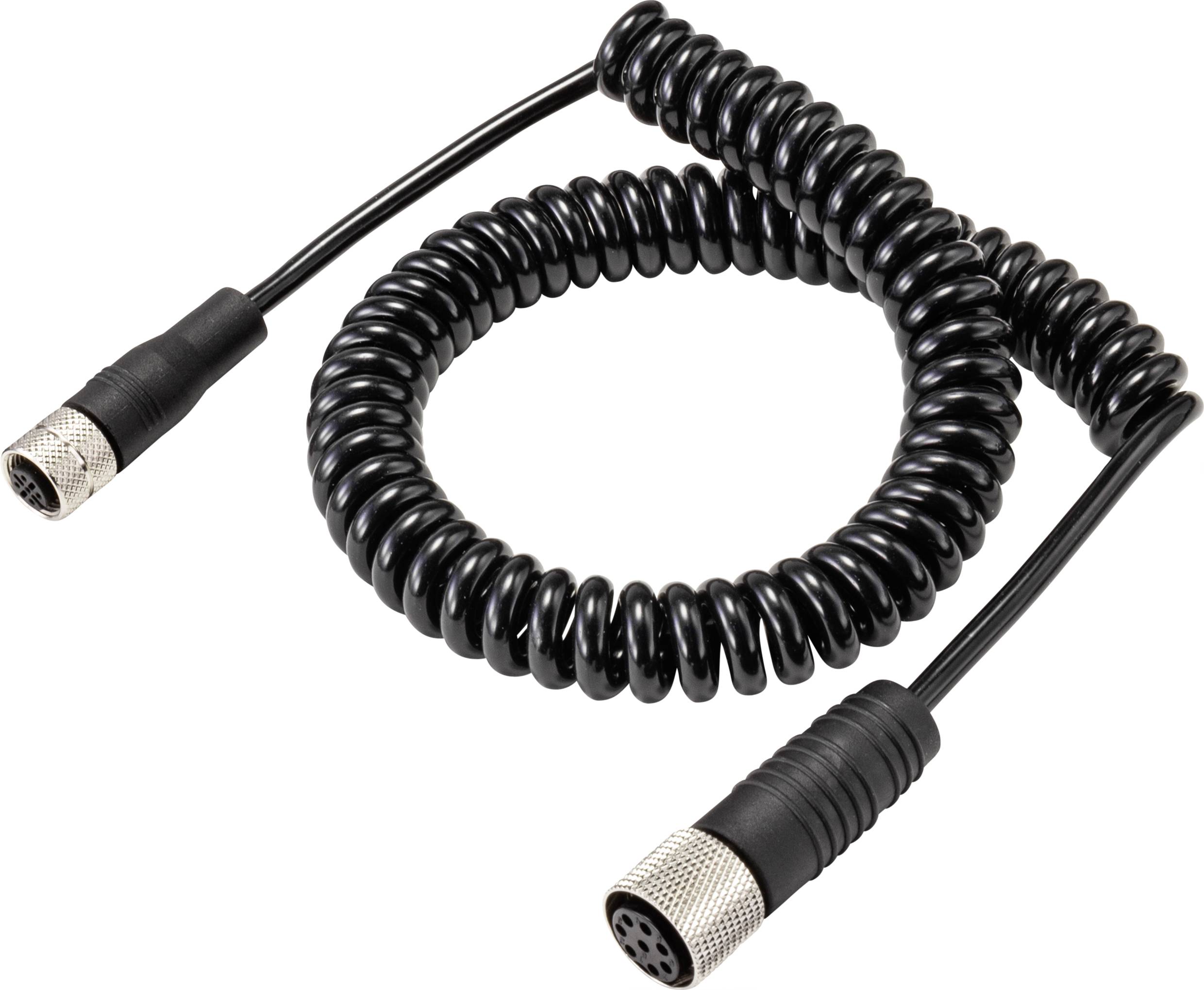 Čiernočerný, špirálový prepájací kábel s kovovými koncovkami na oboch stranách; vhodný pre audio alebo elektronické zariadenia.