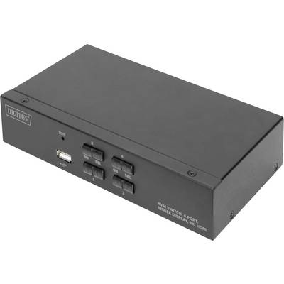 Čierny KVM prepínač so štyrmi tlačidlami na výber počítačov. Nápis "Digitus" a "KVM prepínač, 4 porty, jeden displej, 4K, HDMI".