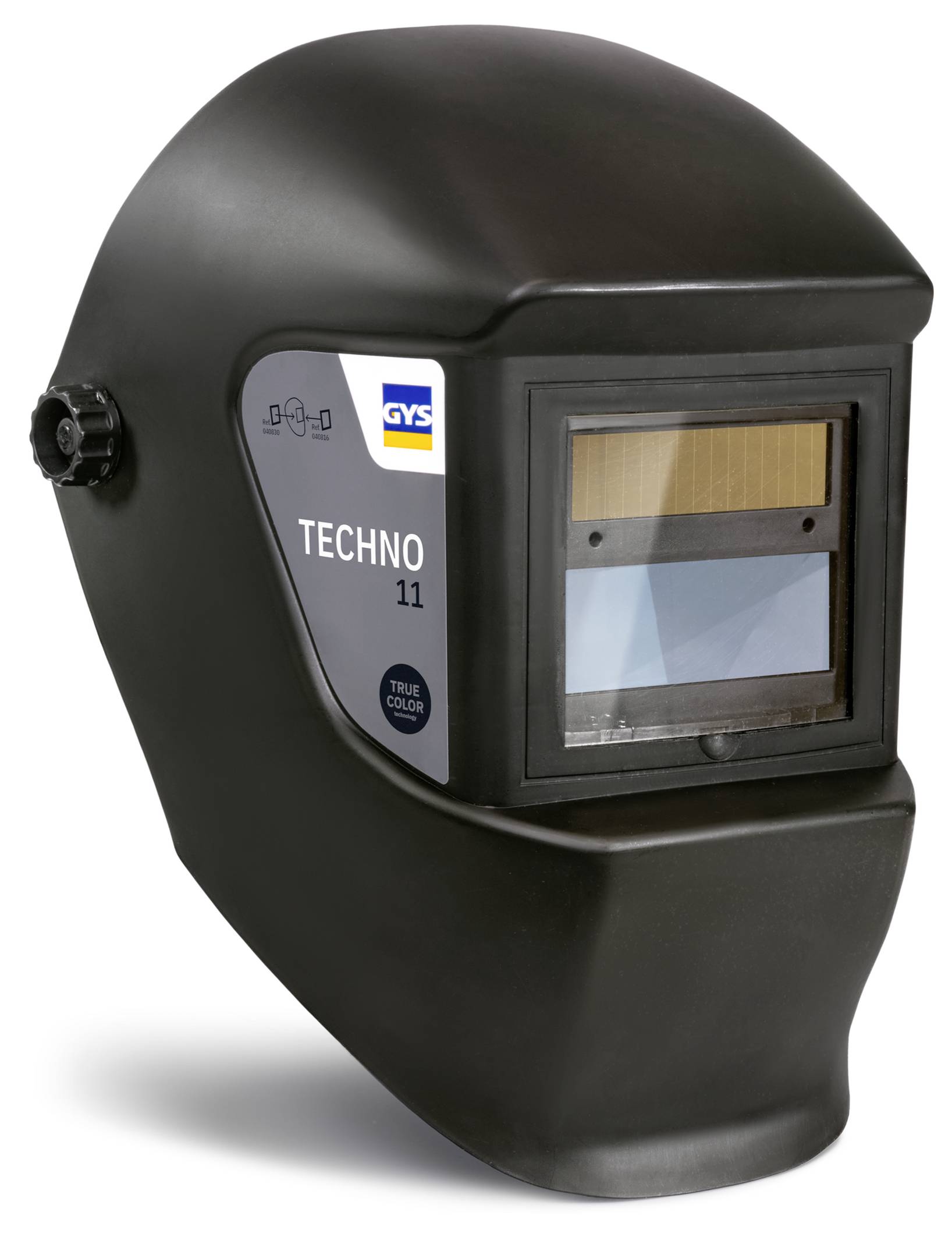 Čierna zváračská helma s oknom na pozorovaní a bočnou gombíkom, označená "TECHNO 11" a "GYS"