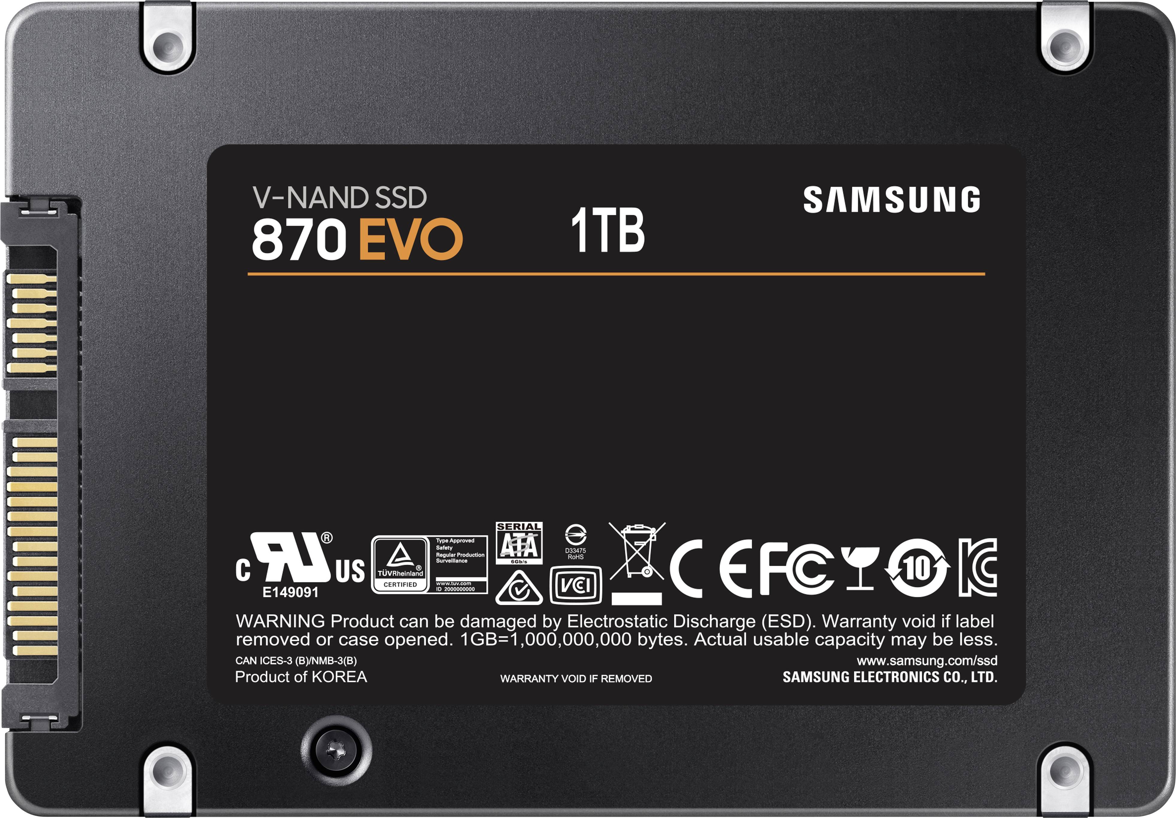 Čierna SSD s nápisom 'V-NAND SSD 870 EVO 1TB'. Zobrazuje firemné logo a výstražné značky proti elektrostatickému výboju.