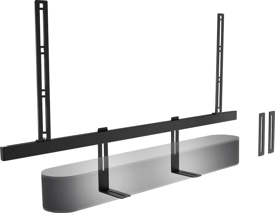 Kovový držiak pre soundbar s nastaviteľnými vertikálnymi lištami na zavesenie na stenu a stabilizačnými podpernými nožičkami dole.