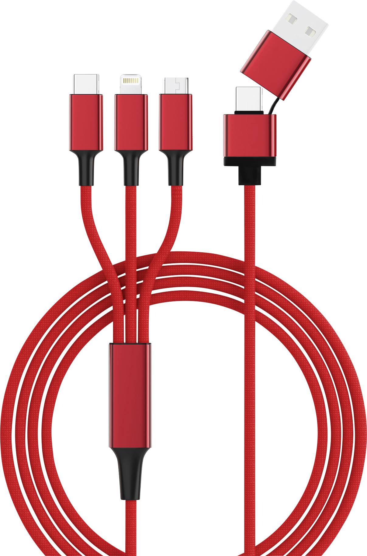 Červená nabíjačka so štyrmi portami: USB-C, Lightning, Micro-USB a USB-A. Vhodná na nabíjanie rôznych zariadení.