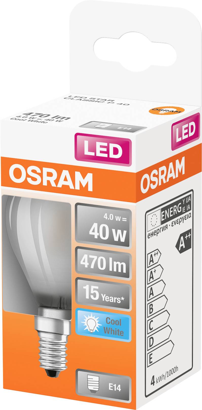 Obal LED žiarovky značky Osram. Údaje: 4,0 W, 470 lm, 15 rokov, pätica E14, energetická trieda A++.