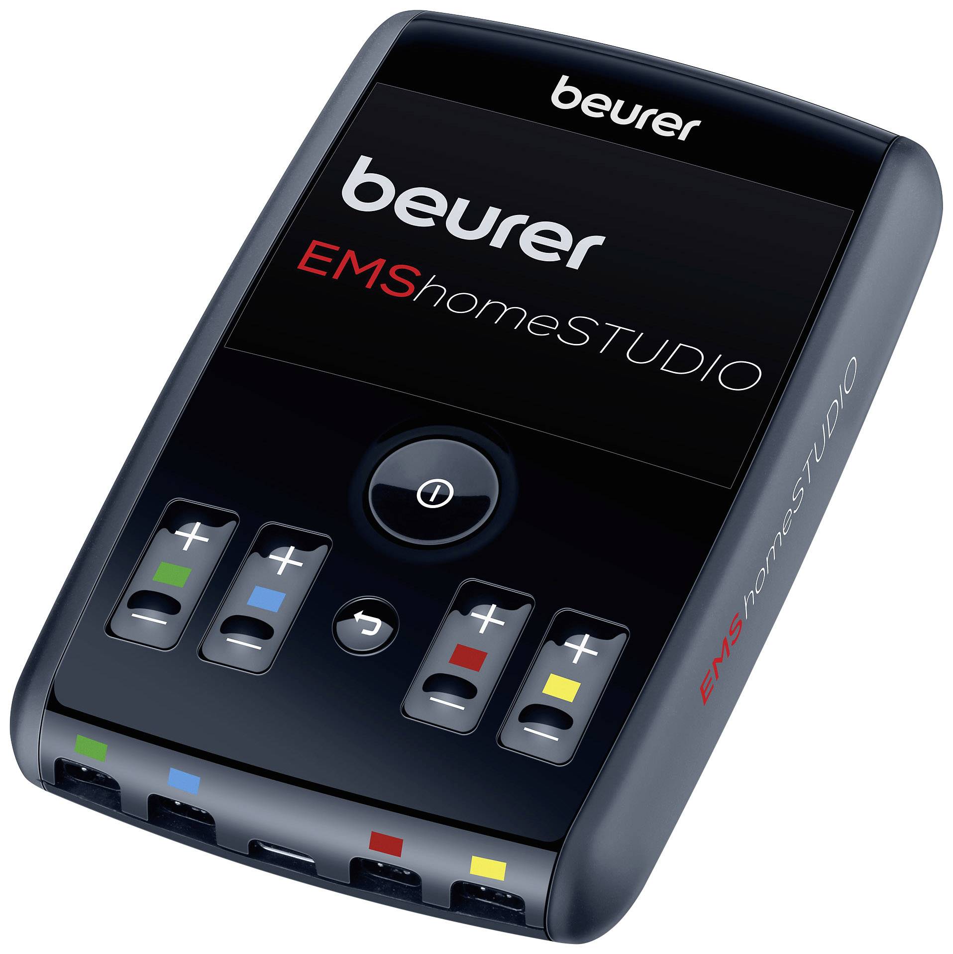 Elektronické zariadenie značky Beurer s displejom a štyrmi farebne vyznačenými tlačidlami. Text na displeji: 'beurer EMShomeSTUDIO'.