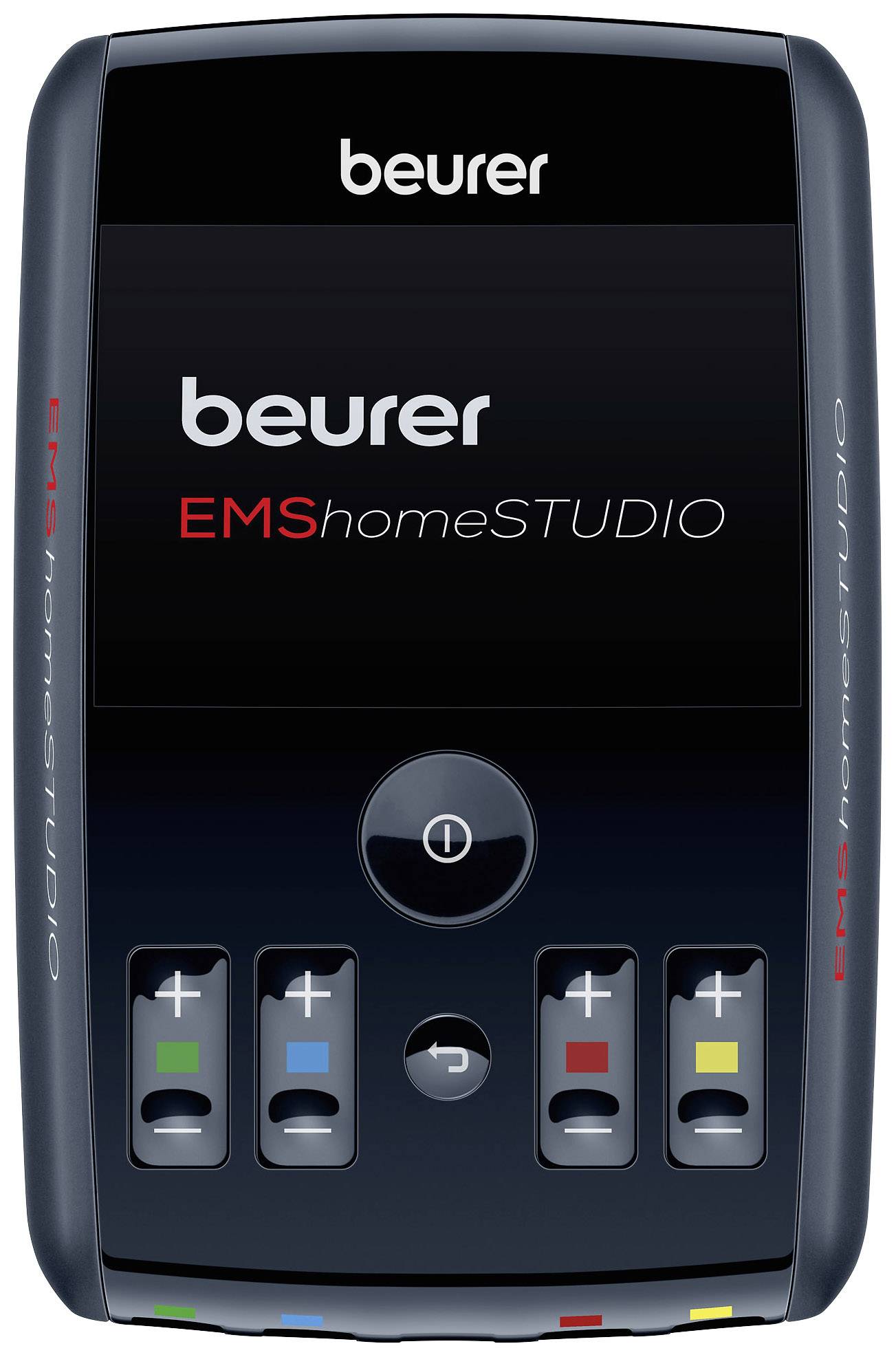 Čierne EMS zariadenie so značkovým logom 'beurer' a názvom produktu 'EMShomeSTUDIO'. Vpredu ovládacie tlačidlá a farebné konektory pre elektródy.