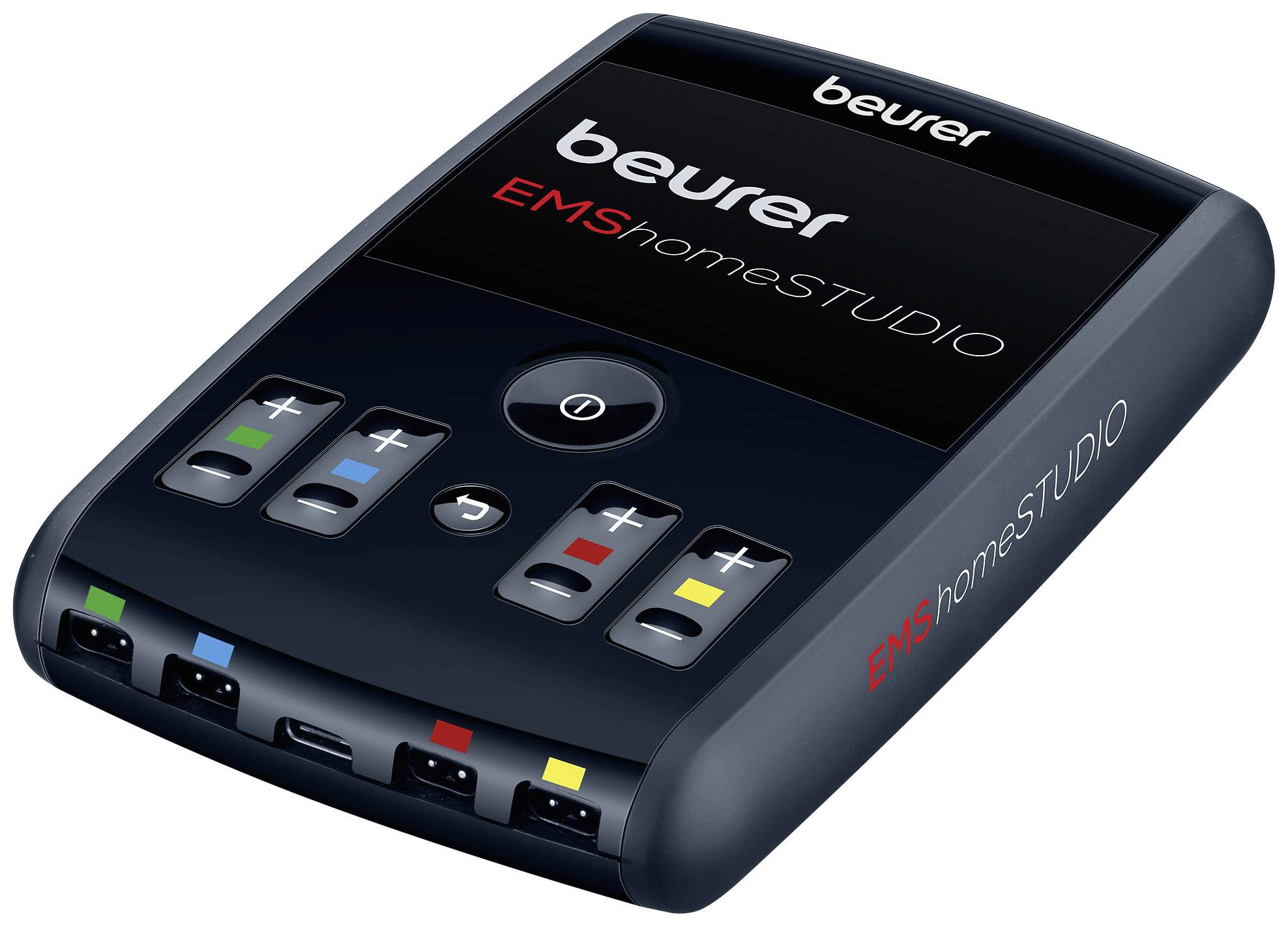 Prístroj Beurer EMS Home Studio, kompaktný a prenosný, s viacerými farebnými tlačidlami na ovládanie. Na elektroneurosvalový tréning.