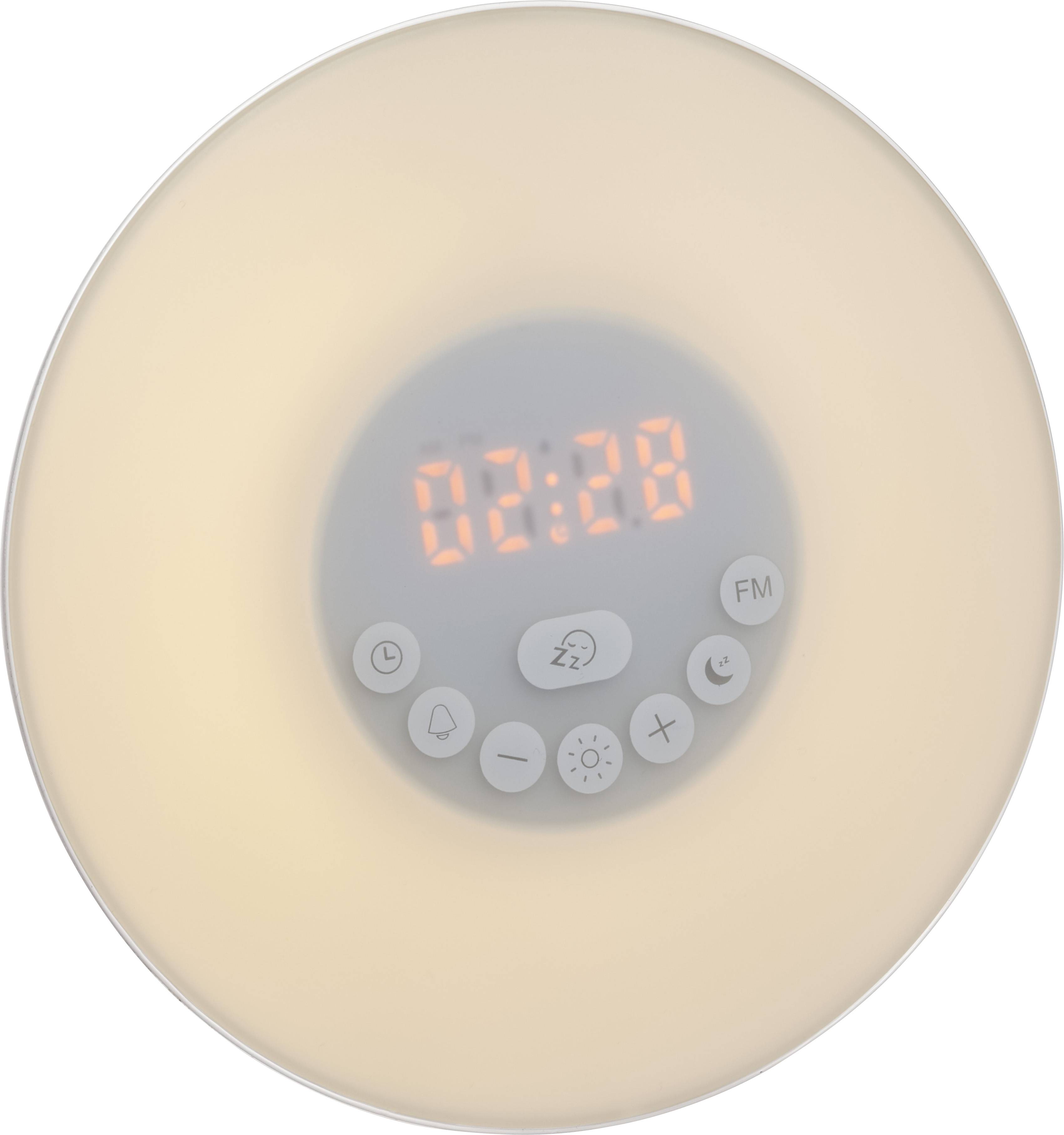 Okrúhly budík zobrazuje 02:28 na červenom LED displeji. Pod displejom sa nachádza niekoľko okrúhlych tlačidiel pre nastavenia a funkcie.